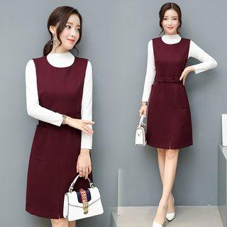 Set: Sleeveless Dress + Long-sleeve Mock-neck Top