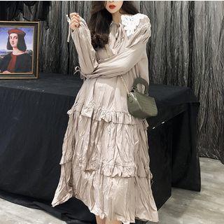 Long-sleeve Lace Panel Midi Tiered Dress