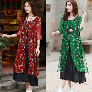 Mock Two Piece Floral Print 3/4 Sleeve Dress