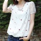 Short-sleeve Sheer Panel Floral Embroidery Top