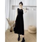 Lantern-sleeve Two-tone Velvet Midi A-line Dress