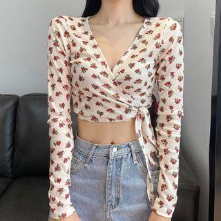 Long-sleeve Floral Print V-neck Bow-accent Top As Shown In Figure - One Size