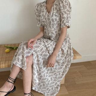 Puff-sleeve Tie-waist Floral Long Dress