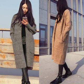 Open Front Pocketed Knit Long Cardigan