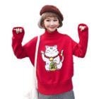 Fortune Cat Print Turtleneck Sweater