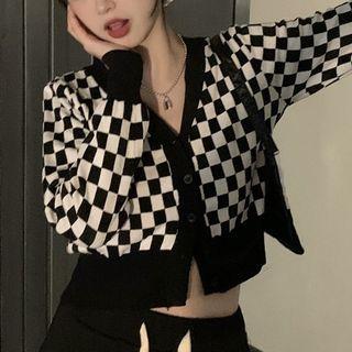 Checkerboard Cropped Cardigan / Wide-leg Pants