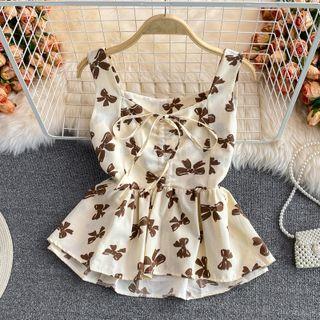 Bow Print Drawstring Sleeveless Top