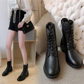 Faux Leather Lace-up Low-heel Short Boots
