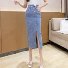 High-waist Single-breasted Side-slit Denim Skirt
