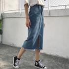 Fringed High-waist Denim Skirt