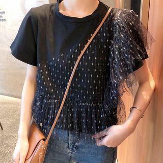 Short-sleeve Mesh Panel T-shirt Black - One Size