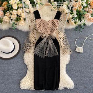 Sheer Dot Mesh Puff-sleeve Dress
