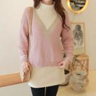 Mock-neck Letter-tag Rib-knit Top Pink - One Size
