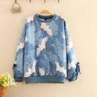 Round-neck Crane Print Oversize Pullover As Shown In Figure - One Size
