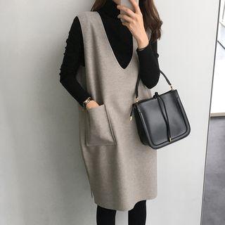 Turtleneck Long-sleeve Knit Top / Pocket Detail Jumper Dress / Set