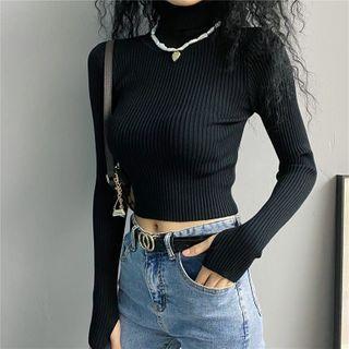 Mock-neck Plain Striped Long-sleeve Top