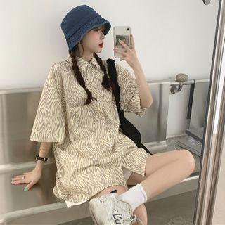 Zebra Print Loose-fit Short-sleeve Shirt Yellow - One Size