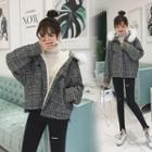 Furry-trim Hooded Plaid Buttoned Jacket
