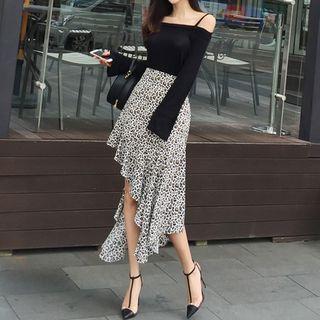 Set: Long-sleeve Cold-shoulder Top + Leopard Print Midi Skirt