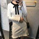 Tie Neck Frilled Trim Long-sleeve Knit Dress