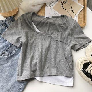 Square-neck Mock Two-piece Lettering Cropped T-shirt