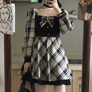 Plaid Bow Mini A-line Dress