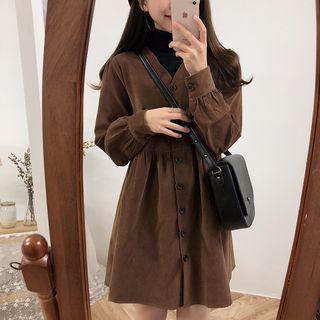 Long-sleeve Mini A-line Corduroy Shirtdress