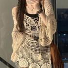 Long-sleeve Crochet Knit Top Almond - One Size