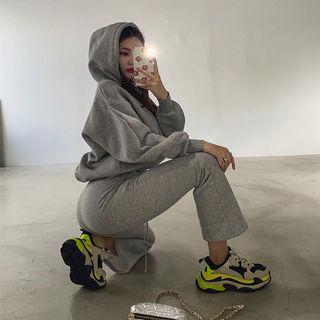 Set: Letter-printed Fleece-lined Hoodie + Seam-trim Boot-cut Pants