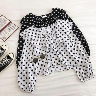 Polka Dot Crewneck Lace-up Long-sleeve Blouse