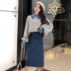 Mock Two Piece Peter Pan Collar Sweatshirt / High-waist Plain Skirt