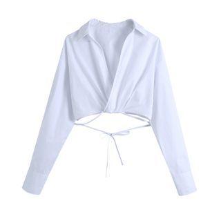 Long-sleeve Tie-waist Open-collar Shirt