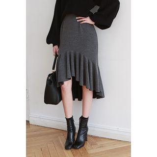 Band-waist Ruffle-hem Midi Skirt