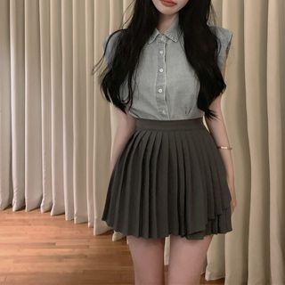 Sleeveless Denim Shirt / Accordion Pleat A-line Skirt