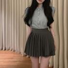 Sleeveless Denim Shirt / Accordion Pleat A-line Skirt
