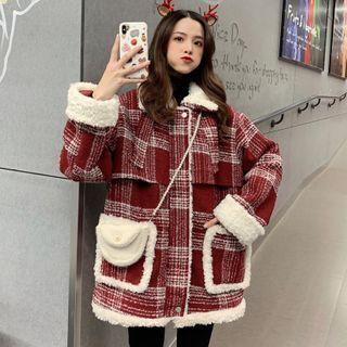 Plaid Faux Shearling Jacket Red - One Size