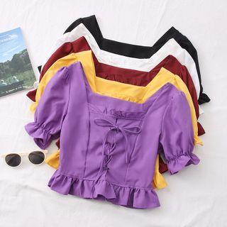 Ruffled-trim Lace-up Crop Blouse