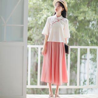 Set: Elbow-sleeve Floral Embroidered Qipao Top + Midi A-line Skirt