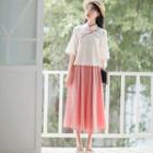 Set: Elbow-sleeve Floral Embroidered Qipao Top + Midi A-line Skirt