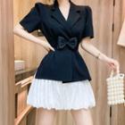 Set: Short-sleeve Blazer + Mini Skirt + Bow Belt