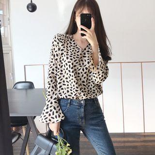 V-neck Leopard Pattern Blouse Light Beige - One Size