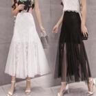 Lace Panel Maxi A-line Mesh Skirt