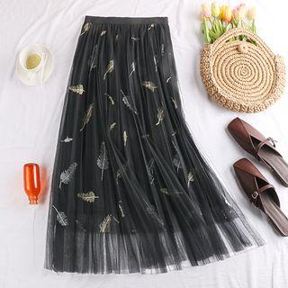 Feather Embroidered Midi A-line Skirt