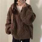Long-sleeve Plain Cable Knit Zip Hooded Jacket