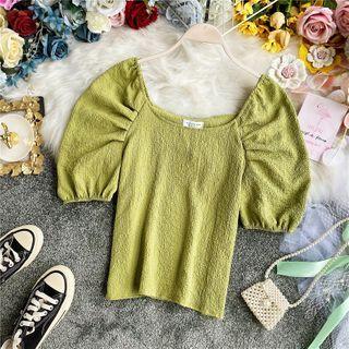 Plain Puff-sleeve Texture Blouse