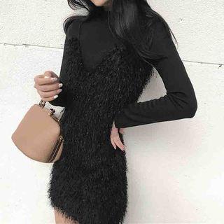 Mock Two Piece Long Sleeve Fringed Dress