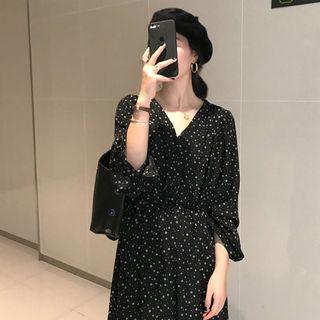 Floral V-neck Long-sleeve Loose-fit Dress Black - One Size