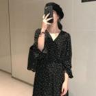 Floral V-neck Long-sleeve Loose-fit Dress Black - One Size