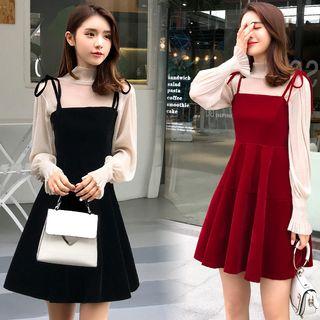 Set: High Neck Mesh Top + Spaghetti-strap A-line Dress