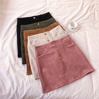 Plain Single-breasted Faux Suede High-waist A-line Skirt